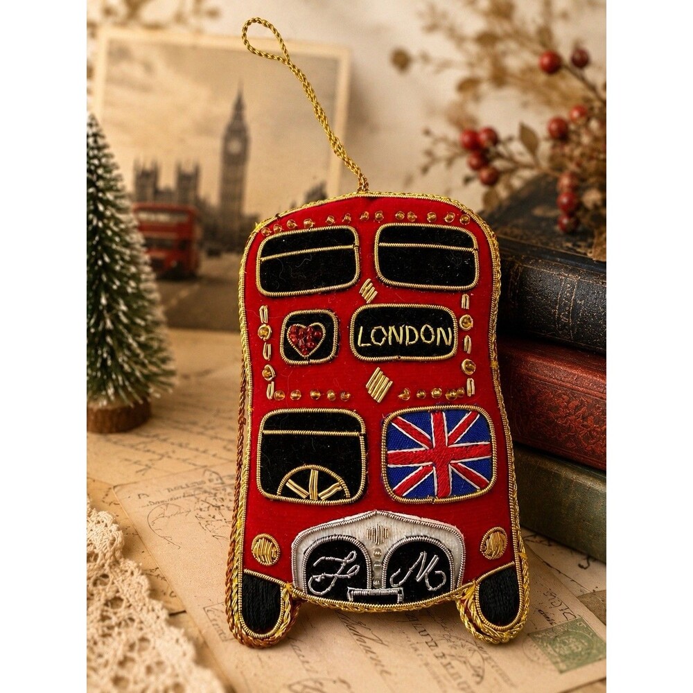 Vintage London Double Decker Bus Velvet Plush Christmas Ornament Union Jack